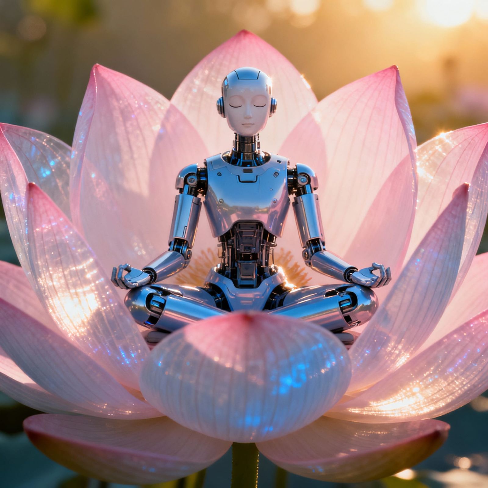A robot sitting in the lotus position in a lotus flower