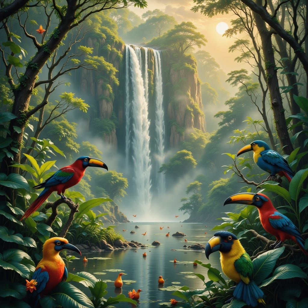 Vibrant Parrots and Toucans in Misty Rainforest
