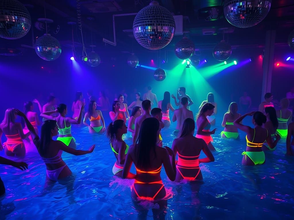 Vibrant Pool Disco with Fluorescent Swimwear