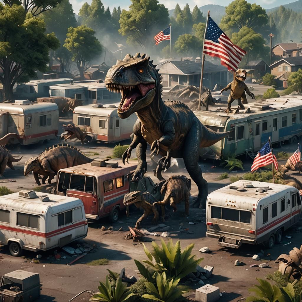 Dinosaurs Destroying Trailer Park: Detailed Matte Painting