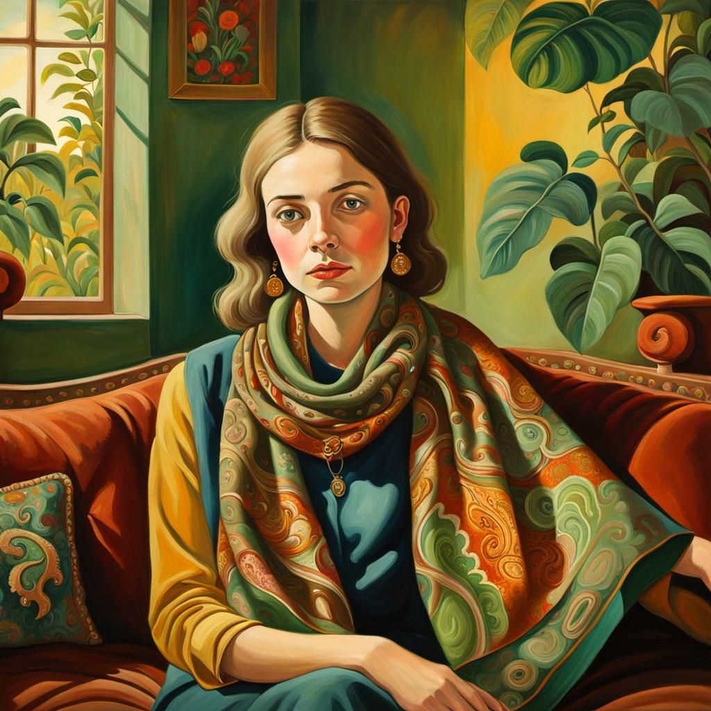 Woman in Paisley Scarf: Rousseau-Inspired Oil Painting