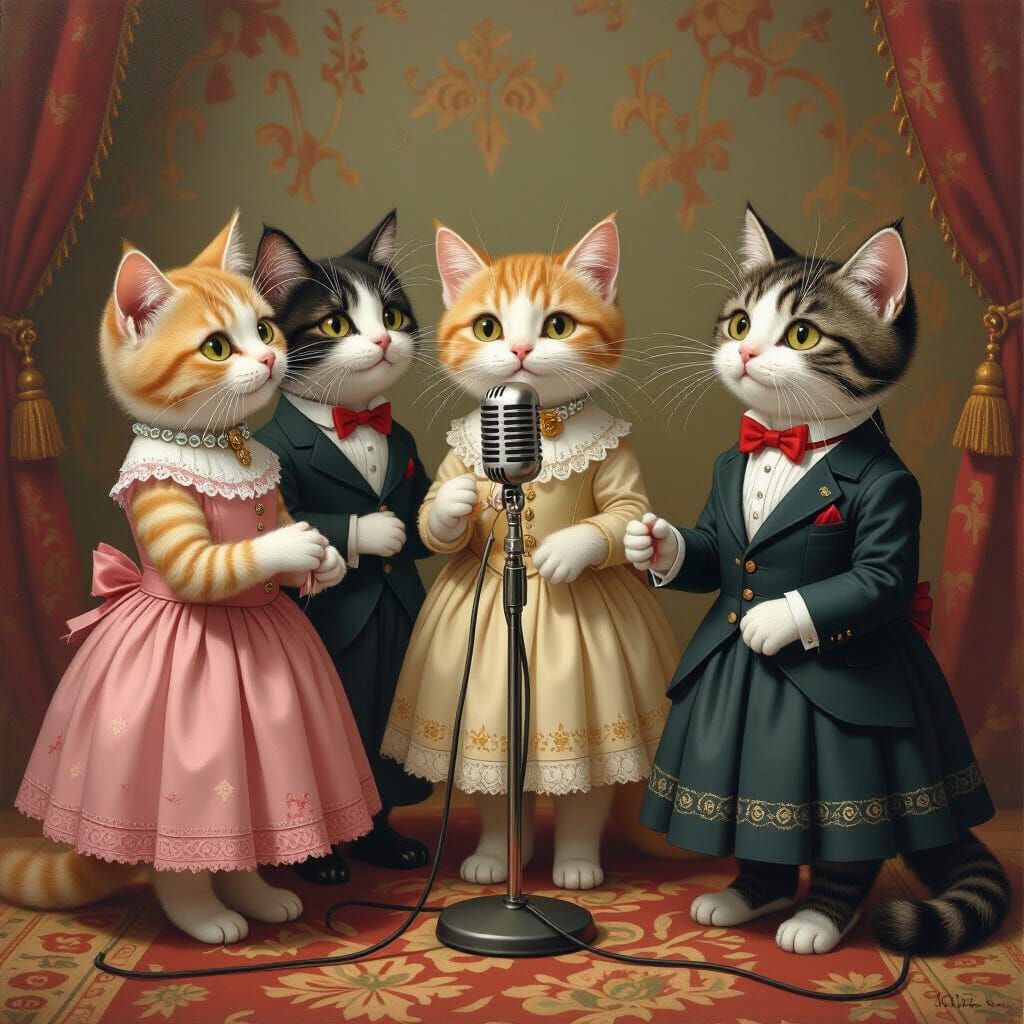 Cats Sing in Harmony: A Surrealist Painting