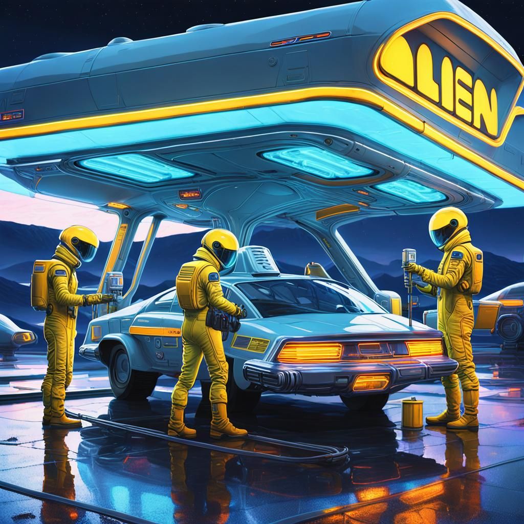 Alien Gas Station Attendants Refueling Spaceship in Sci-Fi A...