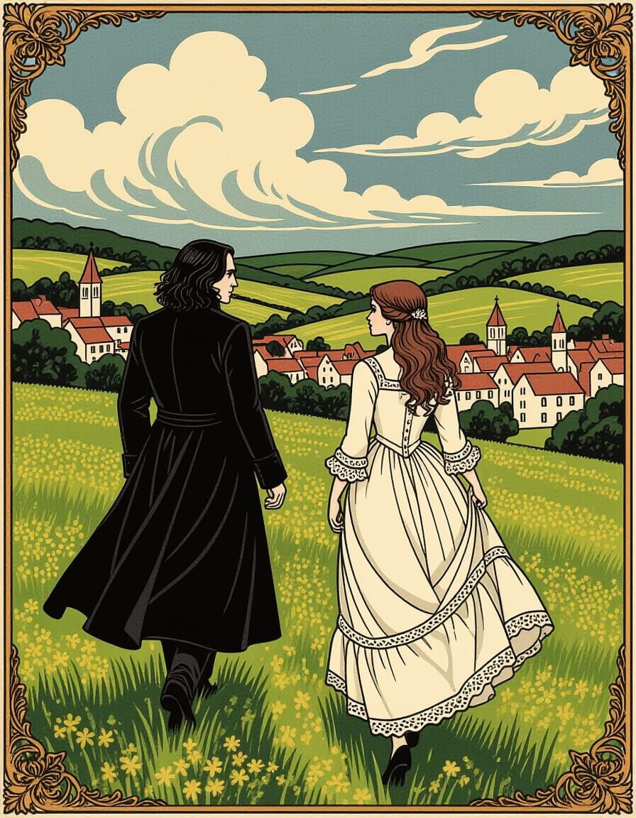 Snape and Hermione in a Woodcut Style Meadow