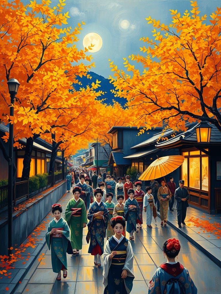 Geishas Stroll Through Autumn Village in Neo-Expressionist S...