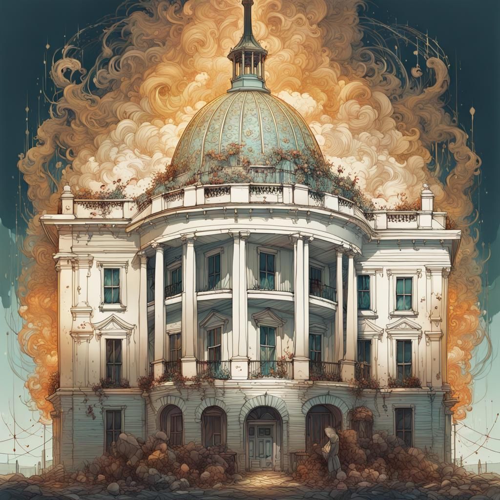 Luminous White House with Golden Outlines Digital Painting