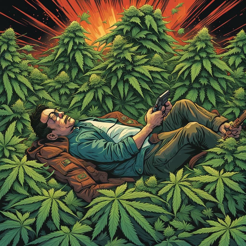 Man in Cannabis Pile, Comic Book Style Art