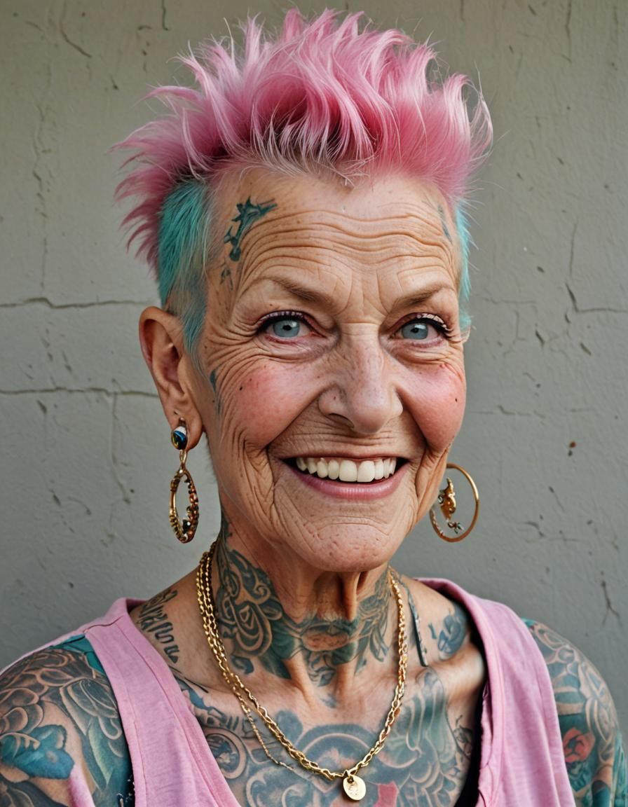 Tattooed Granny with Pink Mohawk and Piercings