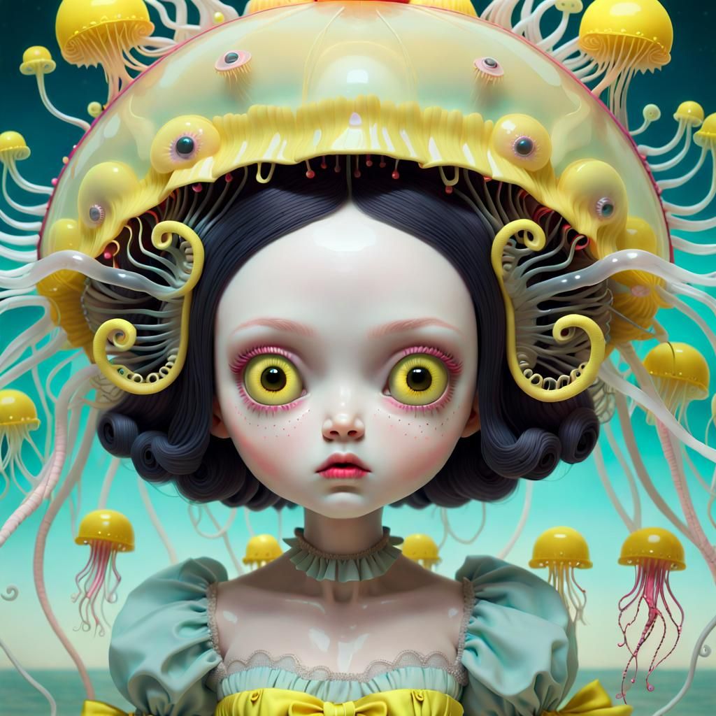 Surreal Doll with Neon Headdress, in Pop Surrealist Style