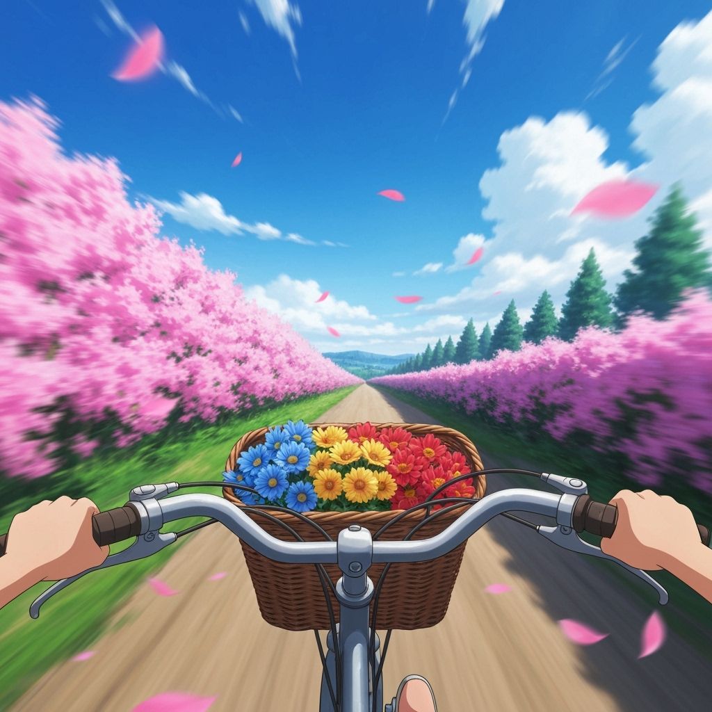 First Person Anime Bicycle Ride with Flower Petals