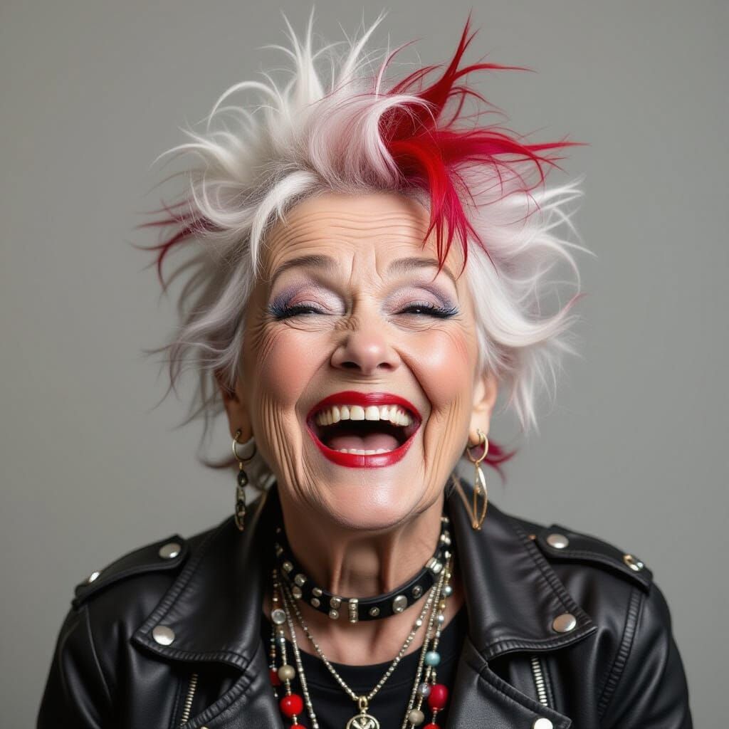 Punk Rock Grandma Laughing: Hyperrealistic Portrait