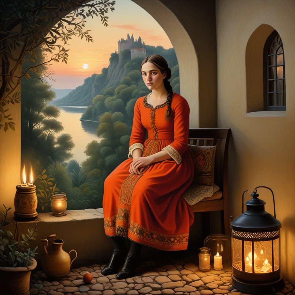 Woman in Folk Art Style with Golden Lighting