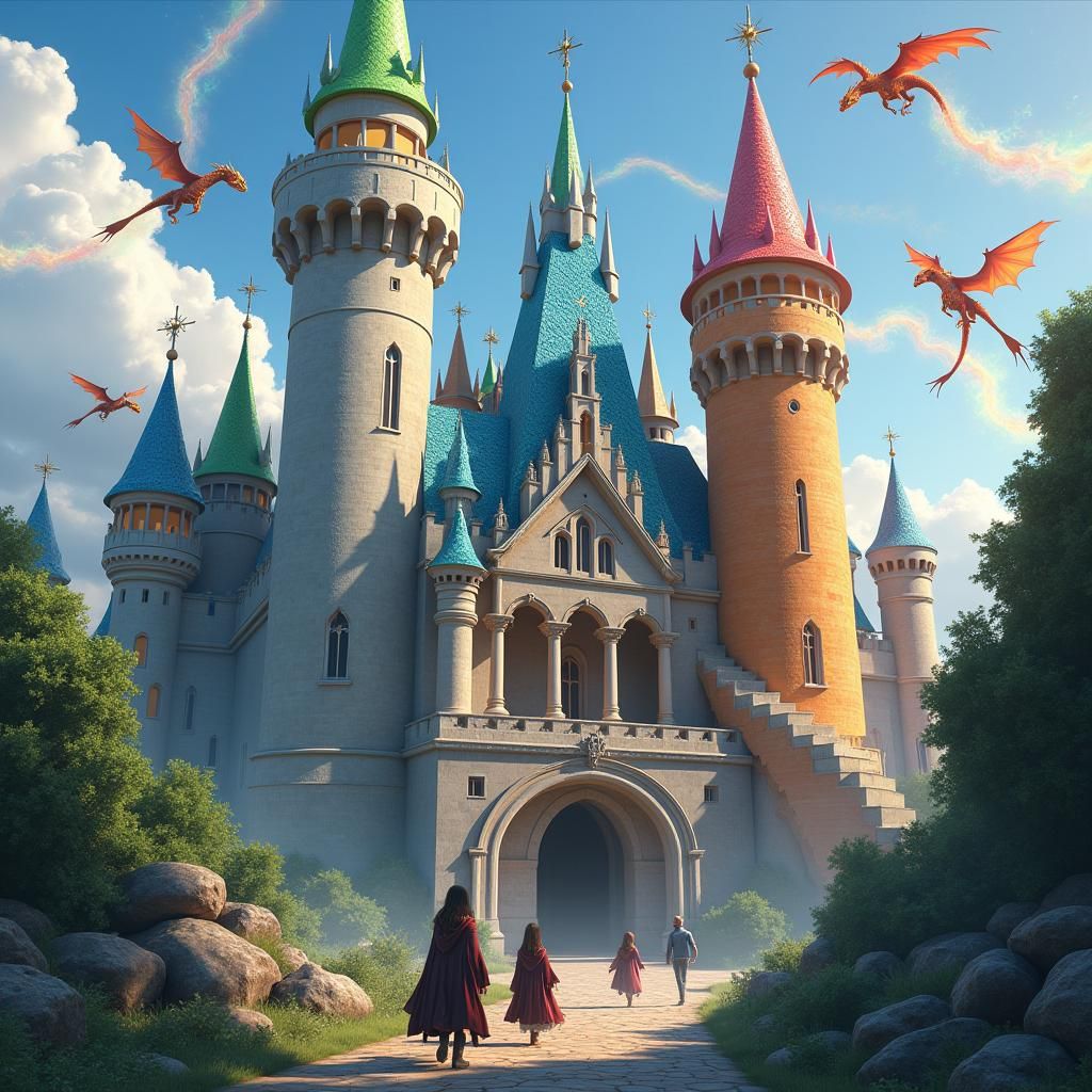 Magical Castle with Dragons and Students in Fantasy Art