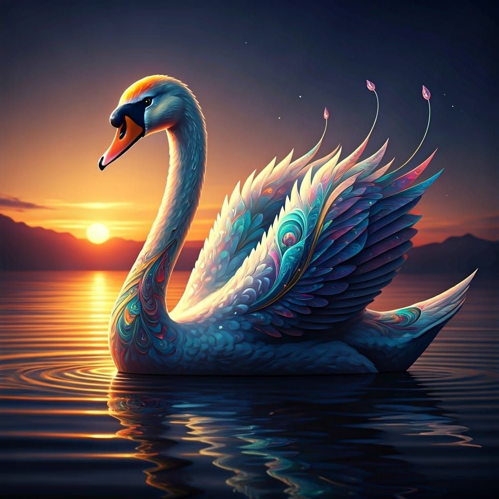 Graceful Swan with Lotus Patterns at Sunset