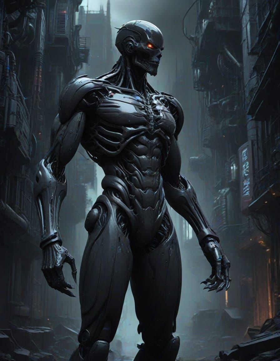 Biomechanical Anime Masterpiece in Dark, Metallic Sheen