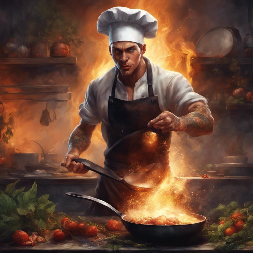 Fantasy Chef Wields Fireball in Lush Landscape