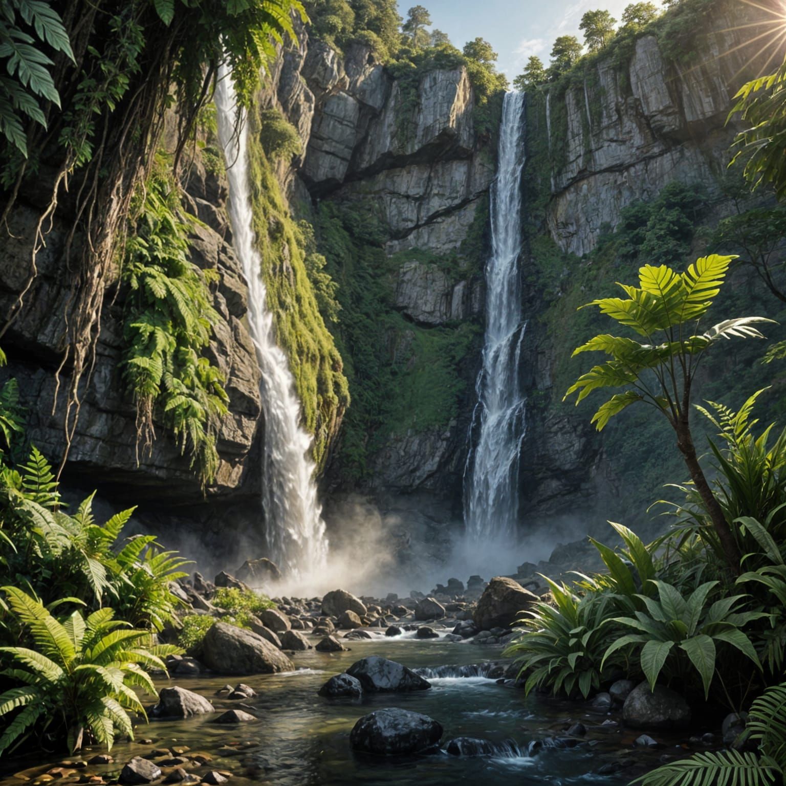 Jurassic Waterfall in Cinematic Hyperrealism