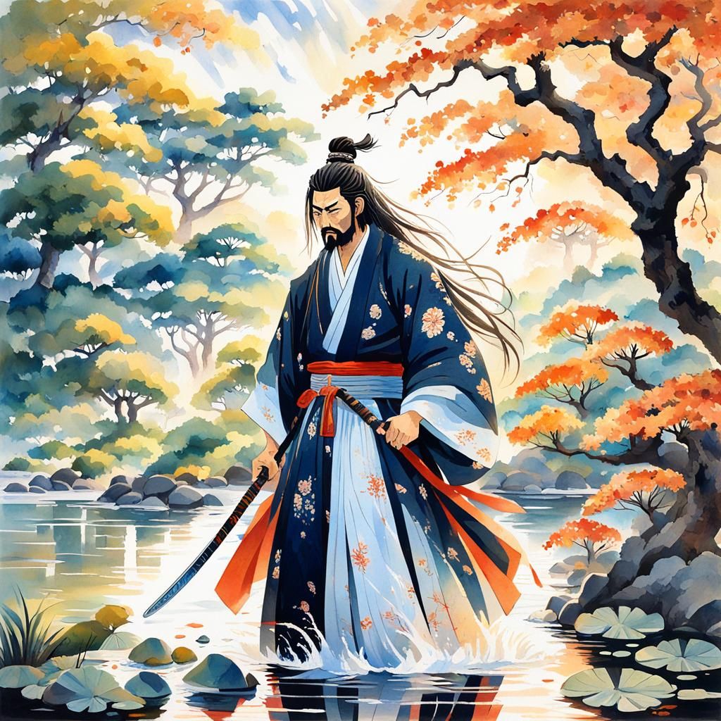 Japanese Samurai Under Golden Elder Tree in Gouache Style