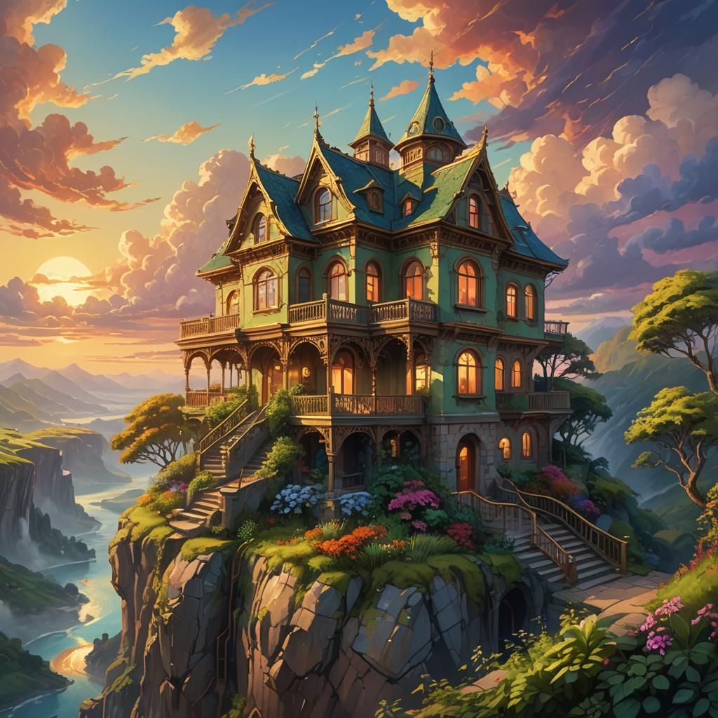 Fantasy House at Cliff's Edge in Oil Painting Style