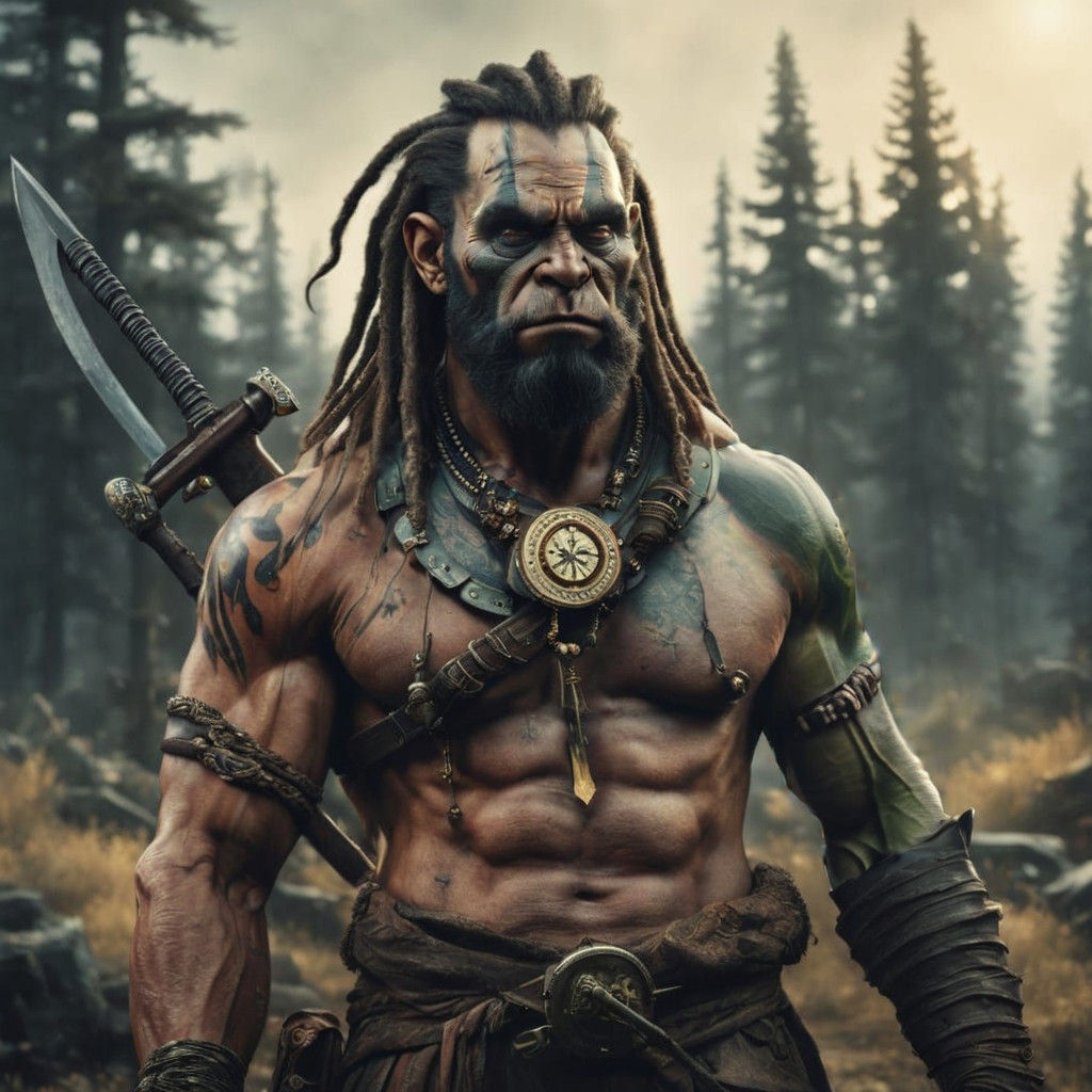 Dramatic Half Orc Warrior with Compass Tattoo