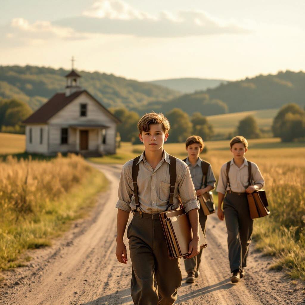 1930s Kentucky Schoolhouse and Students in Golden Light