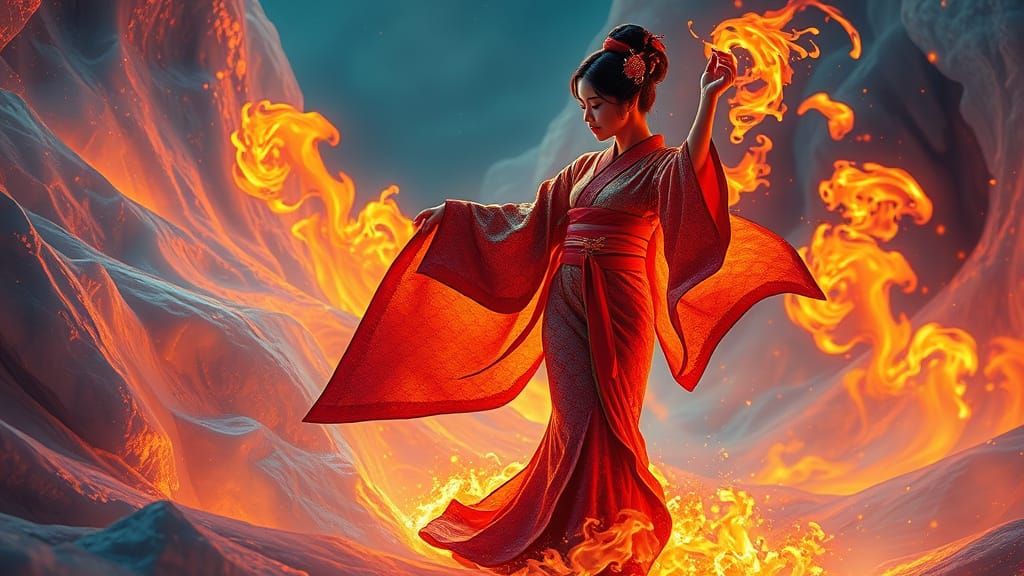 Fire Geisha Dances in Glacier, Art Nouveau Style