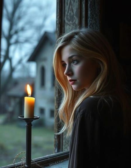 Blonde Woman in Window: Whimsical Oil Painting