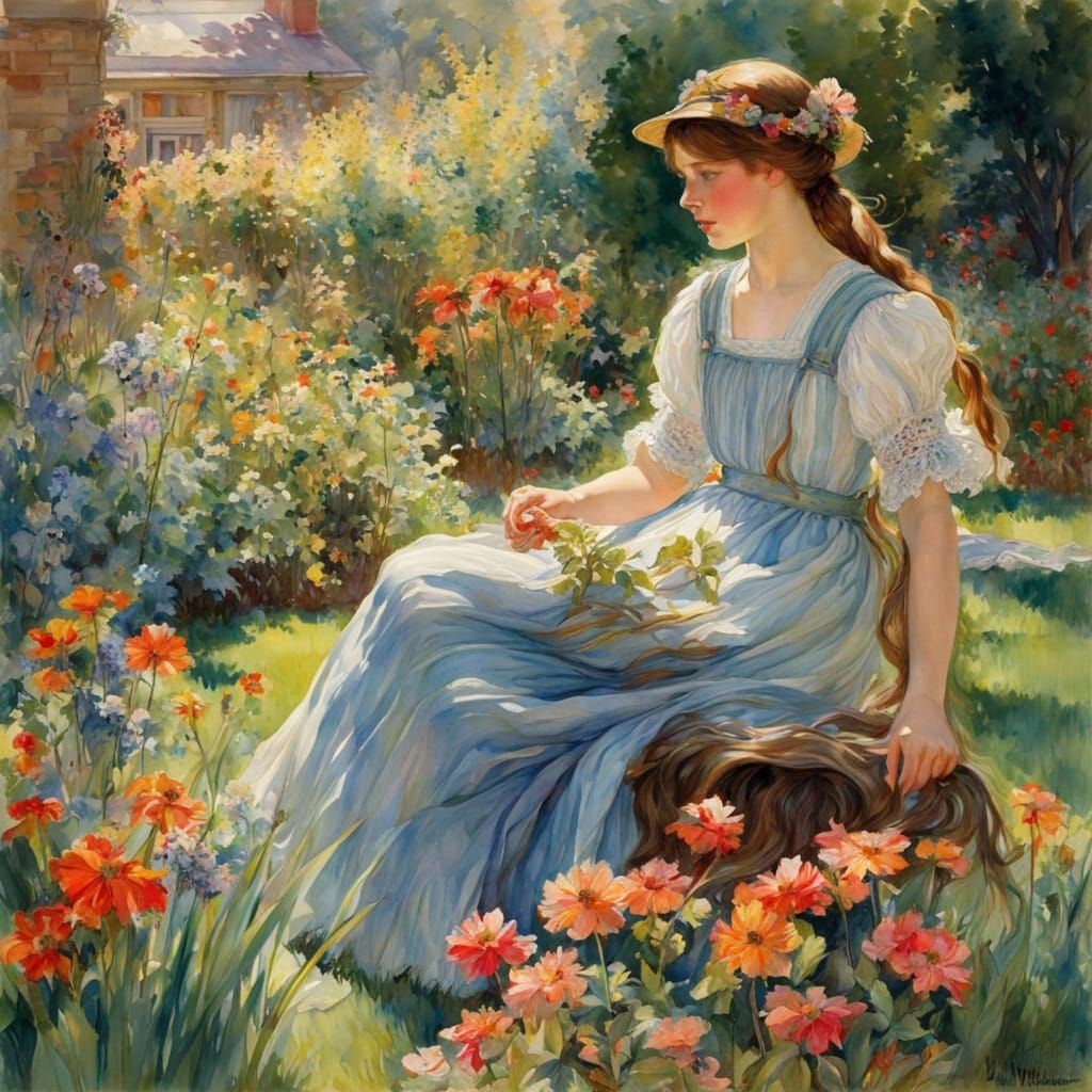 Ethereal Garden Scene in Vibrant Watercolor Style