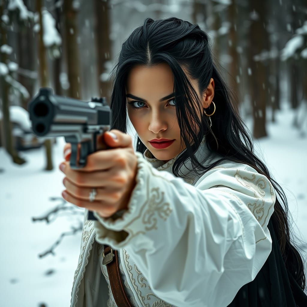 Menacing Woman Warrior in Winter Forest, Hyperrealistic