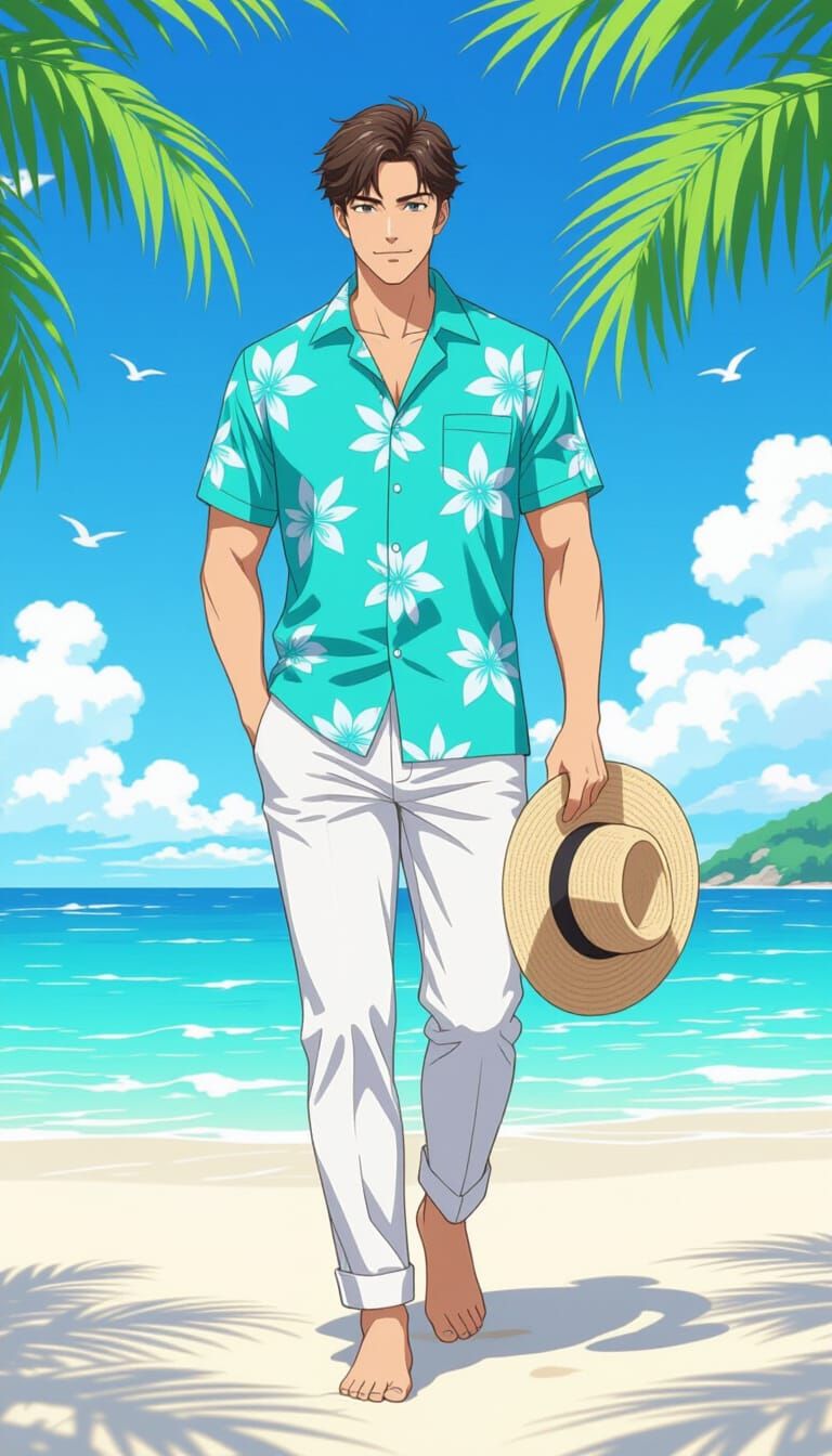 Anime Style Man Walks on Tropical Beach