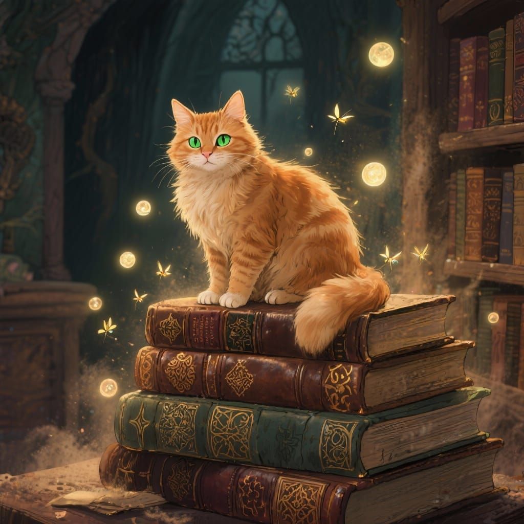 Fluffy Ginger Cat in Magical Library Storybook Style