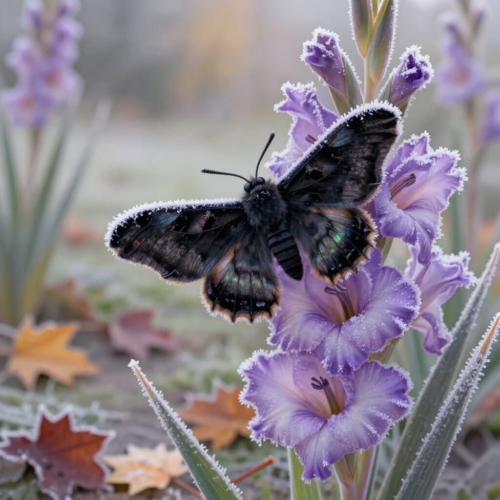 Delicate Plush Moth on Frosty Gladiolus, Fantasy Art