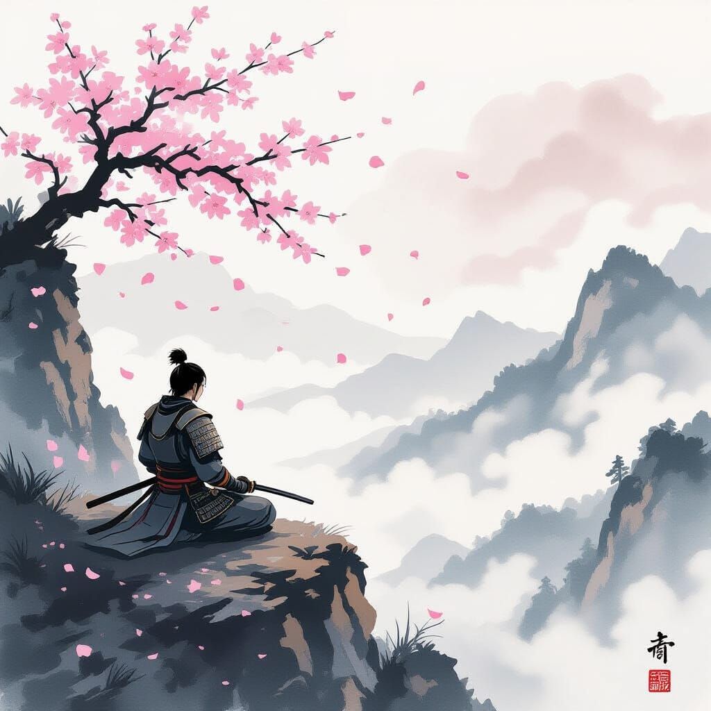 Samurai Warrior Meditating on Mountain Peak in Sumi-e Style