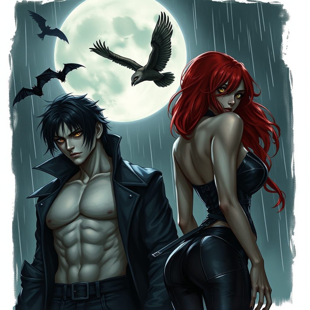 Gothic Vampire Couple Under a Dramatic Moon