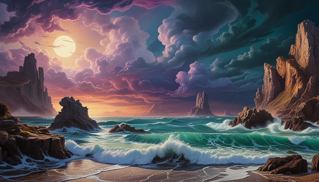 Surreal Seascape with Mythical Creature and Molten Gold Clou...