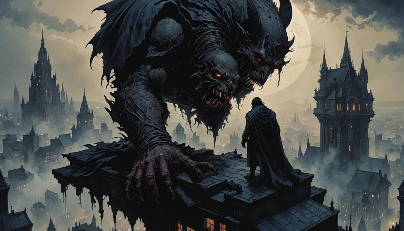 Grendel on Gothic Rooftop: Dark Fantasy Comic Art