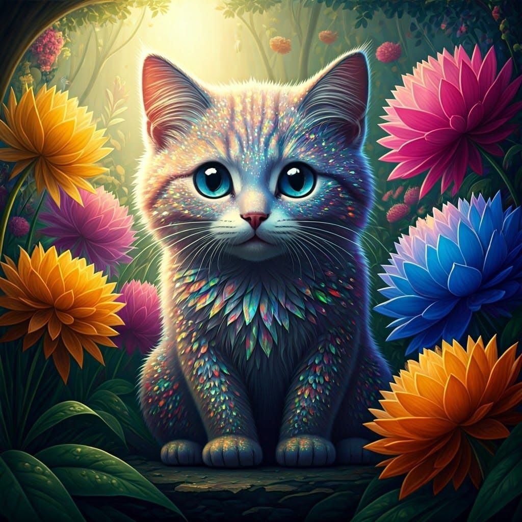 Whimsical Iridescent Cat in a Fantastical Garden