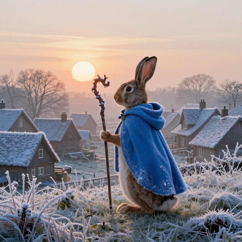 Anthropomorphic Hare in Blue Cloak Watches Frosty Village Da...