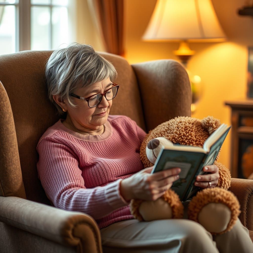 Cozy Reading Scene with Elderly Woman and Teddy Bear