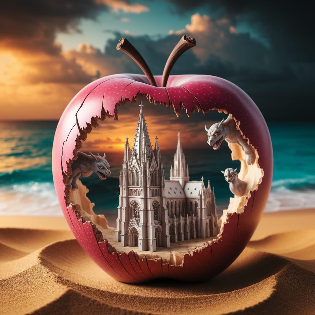 Apple Cathedral on Caribbean Beach with Gothic Architecture