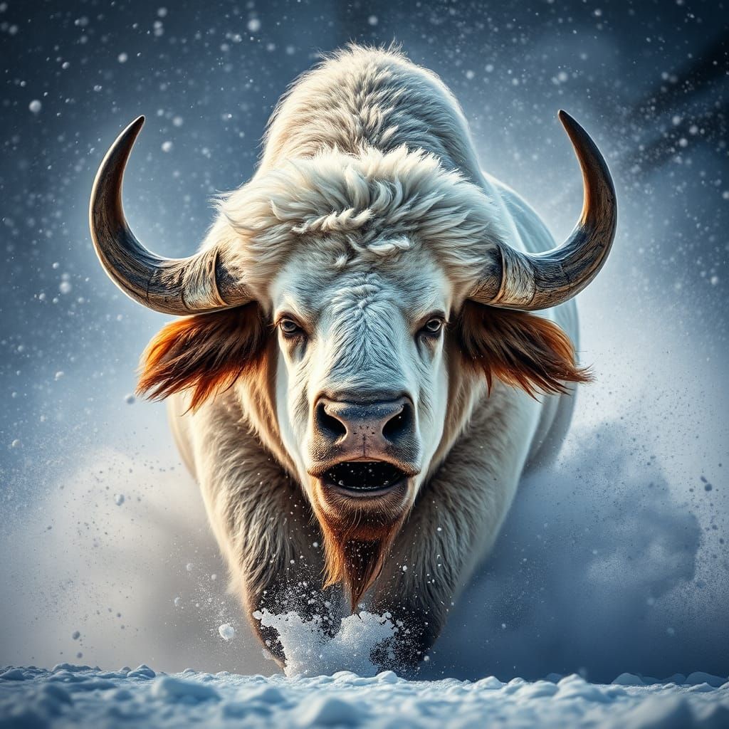 Majestic White Buffalo Charges Through Snowy Storm