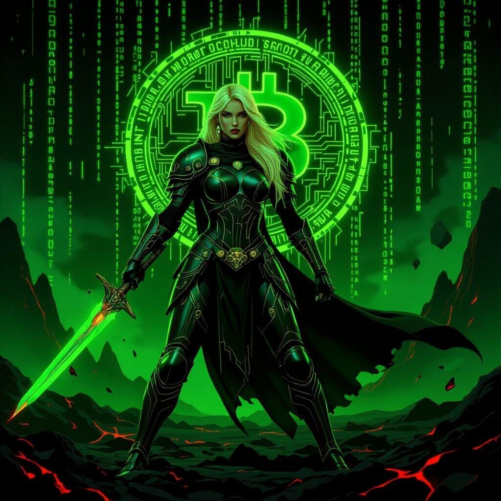 Crypto Warrior Queen in Volcanic Matrix World