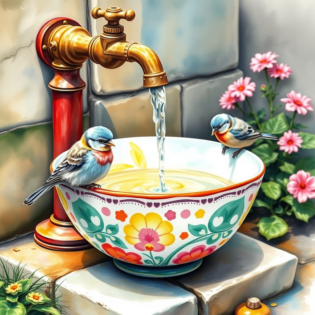 Vibrant Birds at Play in a Splashing Ceramic Bowl