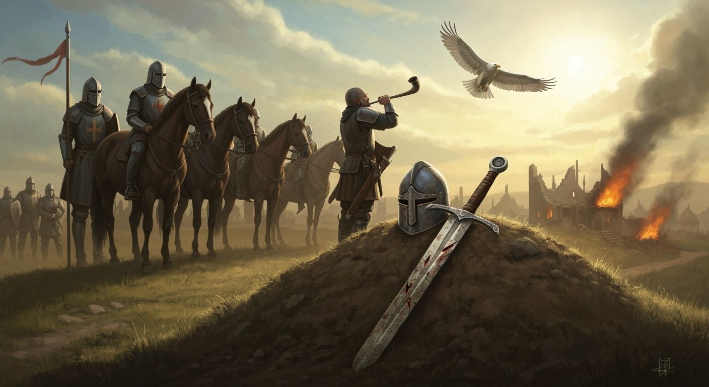 Knights Honor Fallen Comrade at Grave Site in Acrylic Style