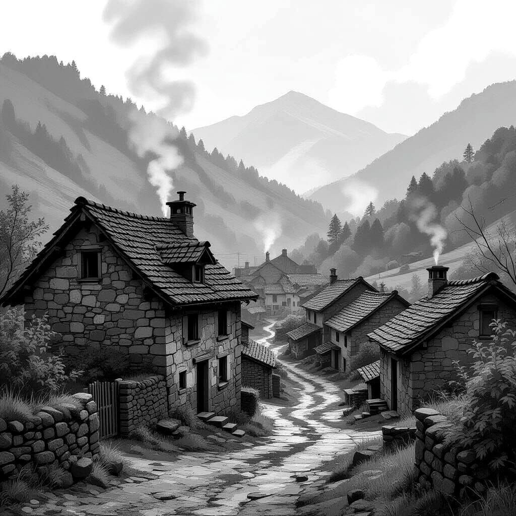 Rustic Mountain Village: Detailed Charcoal Sketch