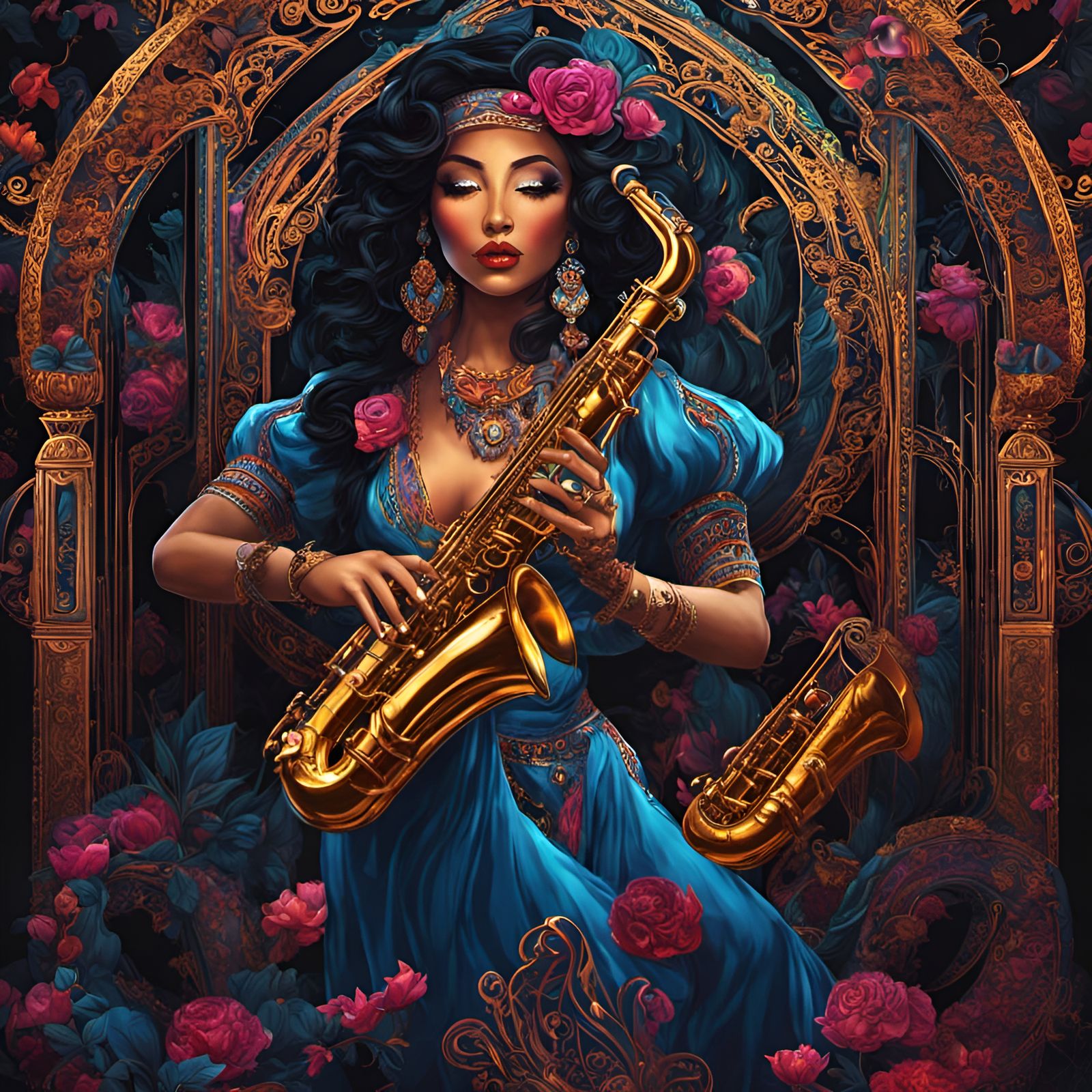 Chibi Gypsy Women Saxophone Black Light Painting