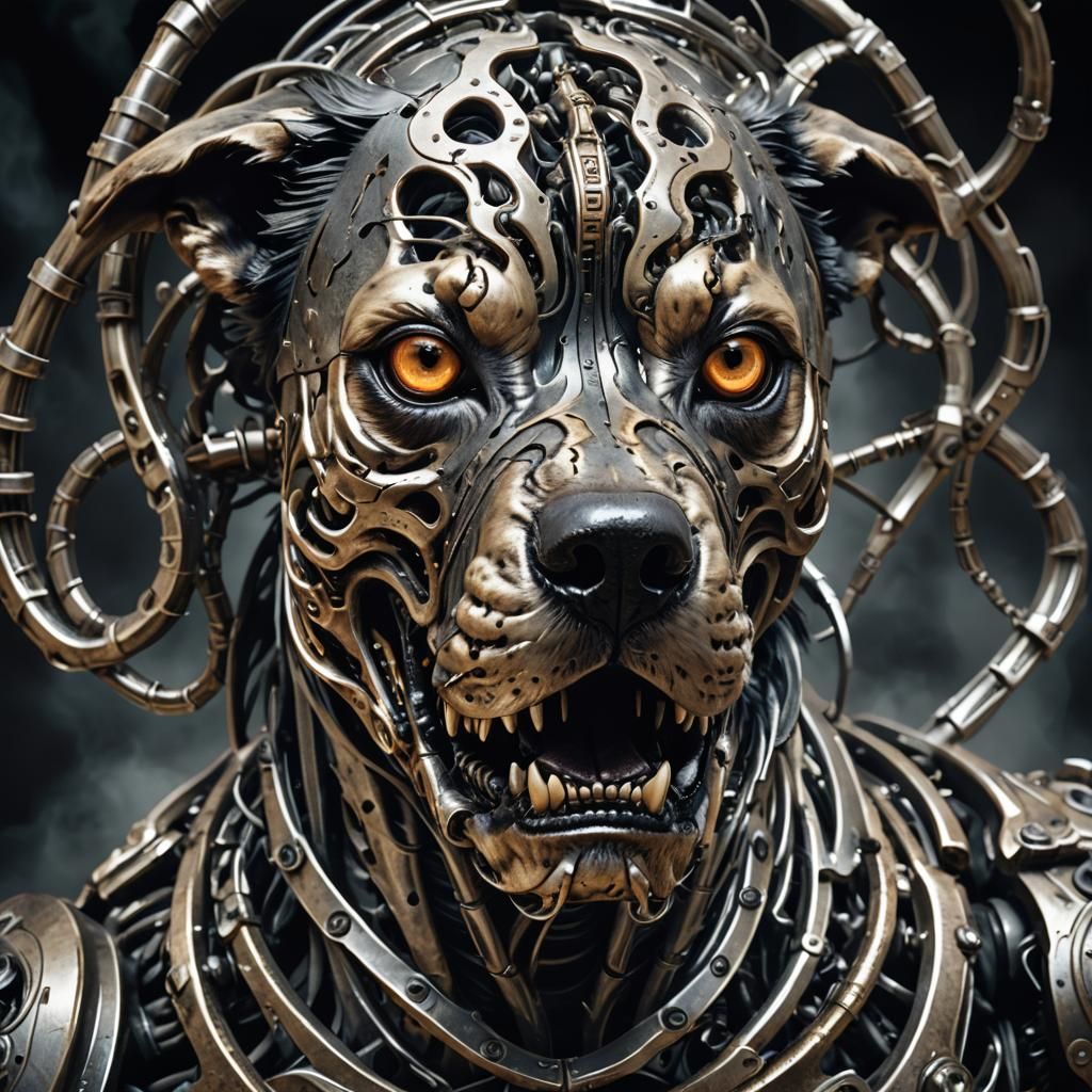 Biomechanical Dog Portrait in Dark Futuristic Style