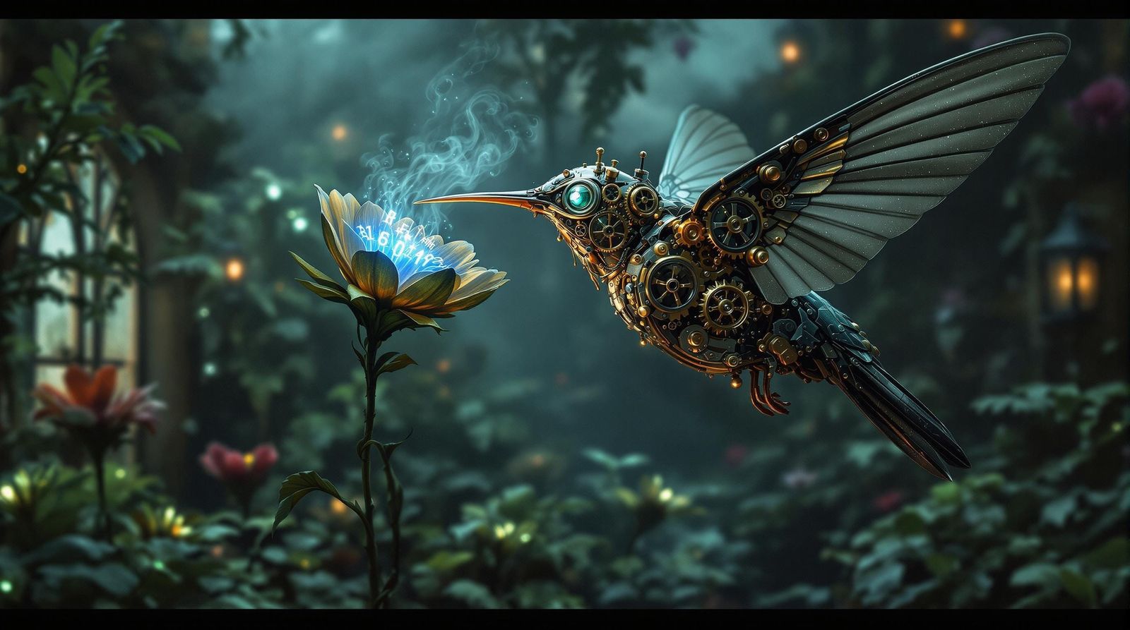 Steampunk Hummingbird in Victorian Greenhouse