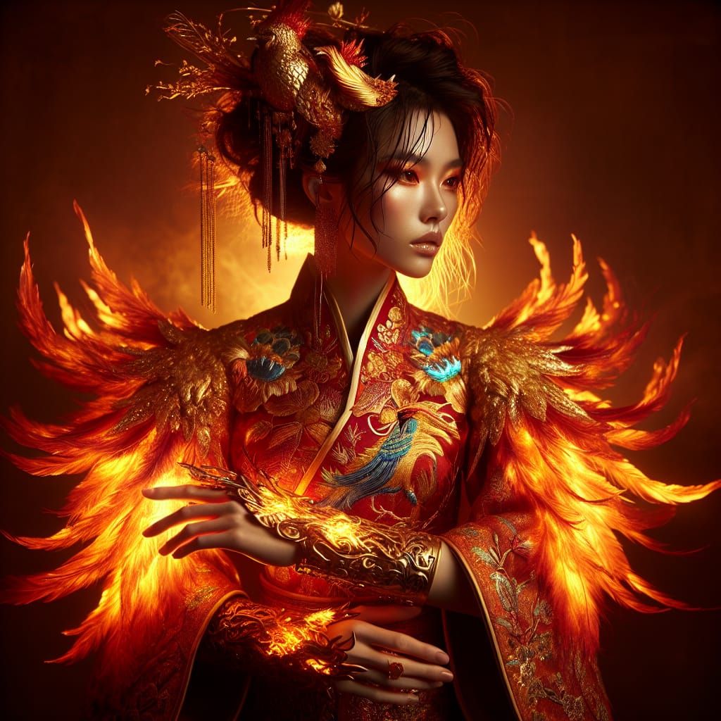 Woman in Fiery Phoenix Robes with Flame-Gold Cuffs