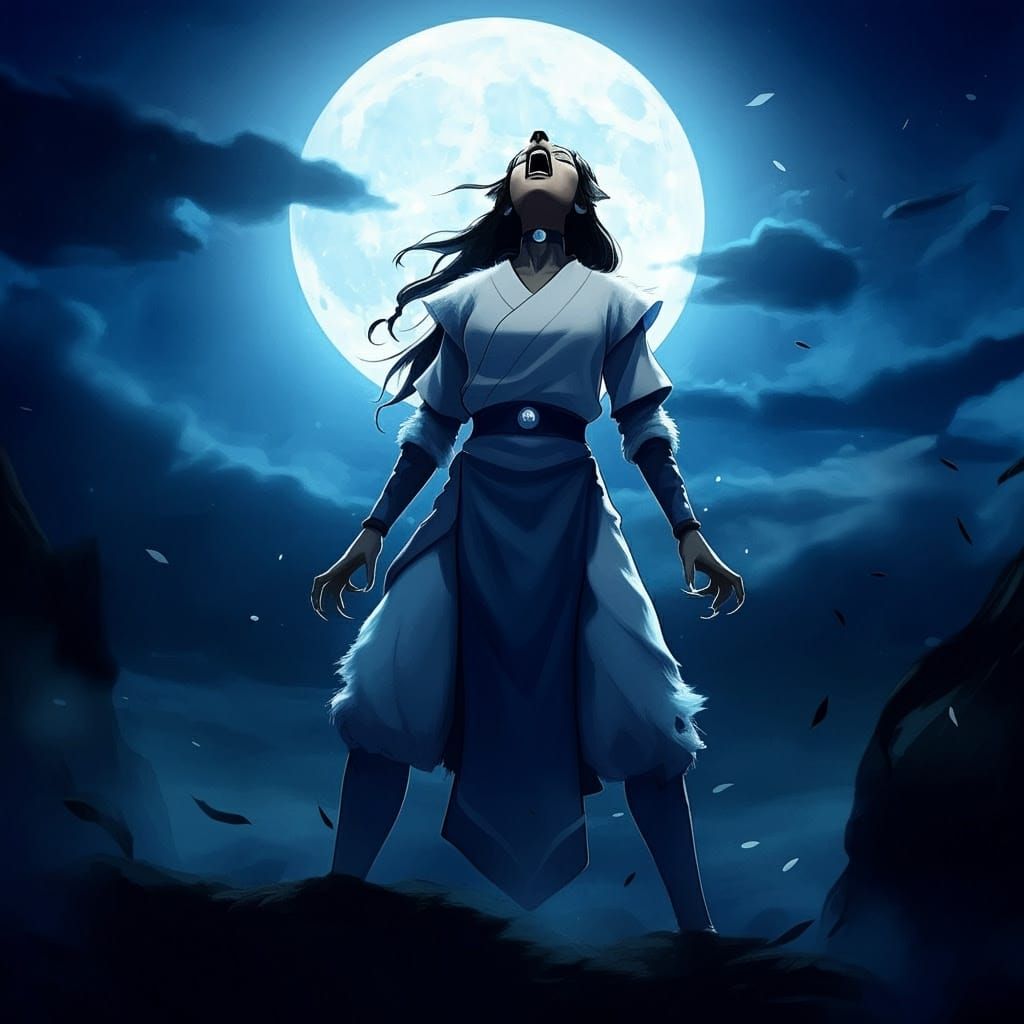 Katara from Avatar the Last Airbender transforming into a werewolf. She is howling at the full moon.